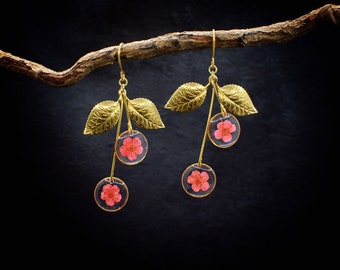 Cherry drops/Pressed flower earrings/dangle drop earrings/gift for her/real flower jewelry/botanical handmade earrings/