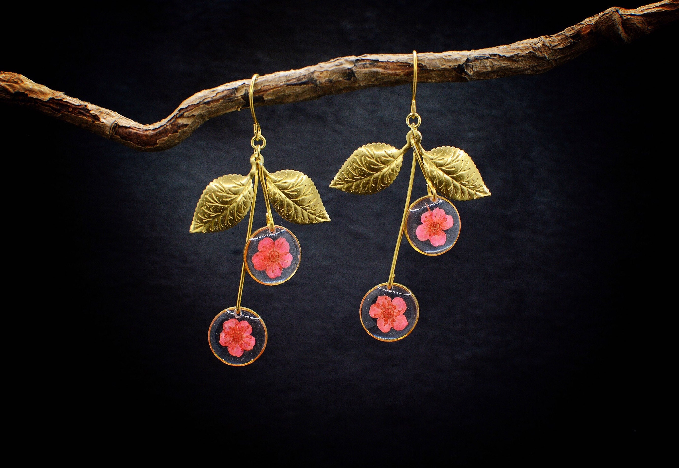 Cherry Drops/Pressed Flower Earrings/Dangle Drop Earrings/Gift For Her/Real Jewelry/Botanical Handmade Earrings/
