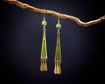 Real fern dangle earrings/evil eye earrings/valentines gift for her/geometric brass jewelry