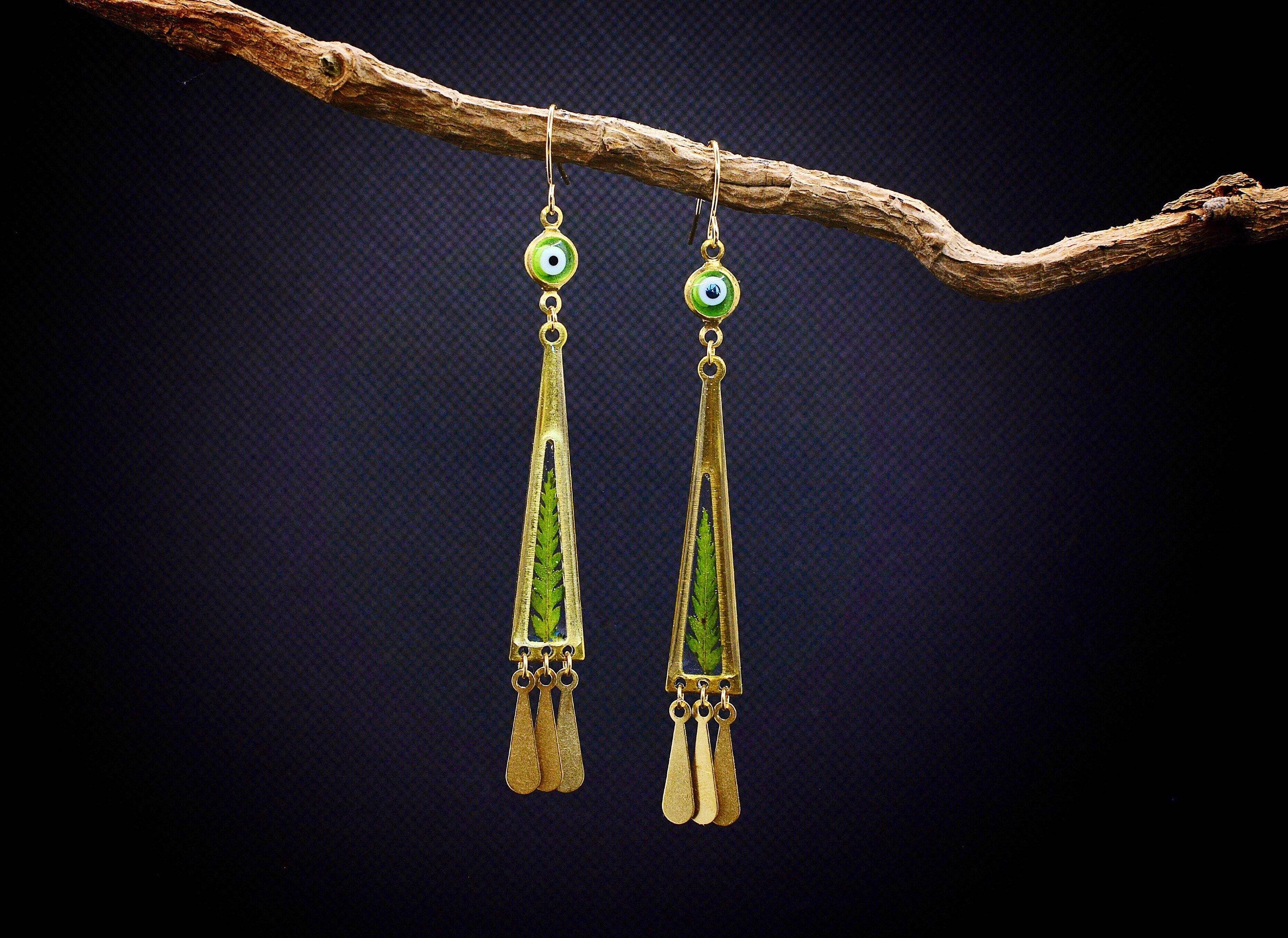 Real Fern Dangle Earrings/Evil Eye Earrings/Valentines Gift For Her/Geometric Brass Jewelry