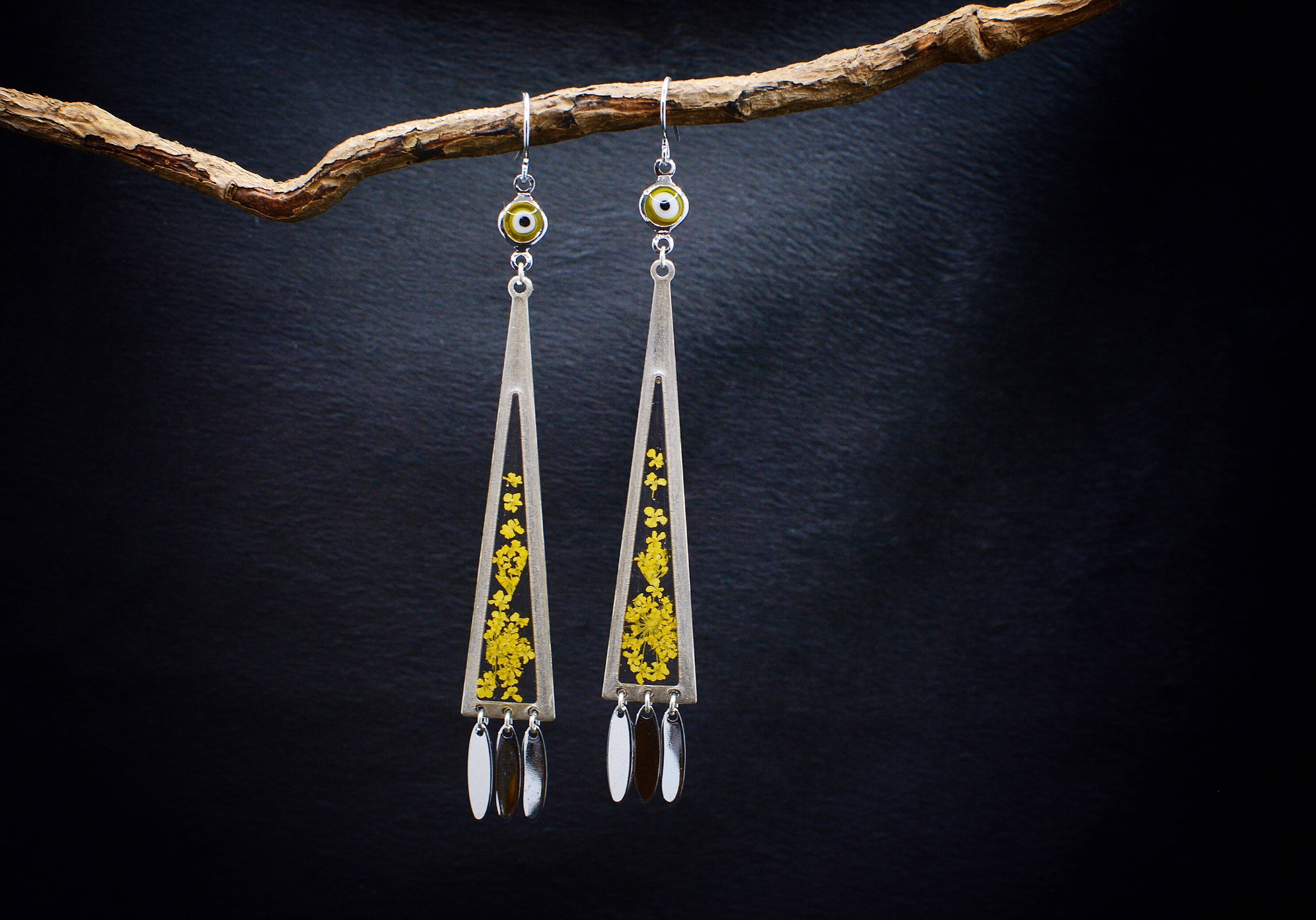 Real Flower Dangle Earrings/Evil Eye Boho Earrings/Botanical Jewelry/Geometric Earrings