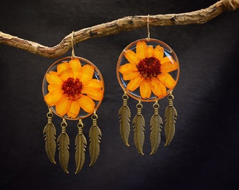 Real flower earrings/feather flower dangle earrings/boho jewelry/