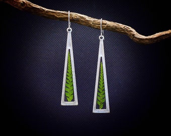 Real fern earrings/fern dangle earrings/gift for her/ long triangle earrings/terrarium jewelry/wanderlust jewelry/boho jewelry/