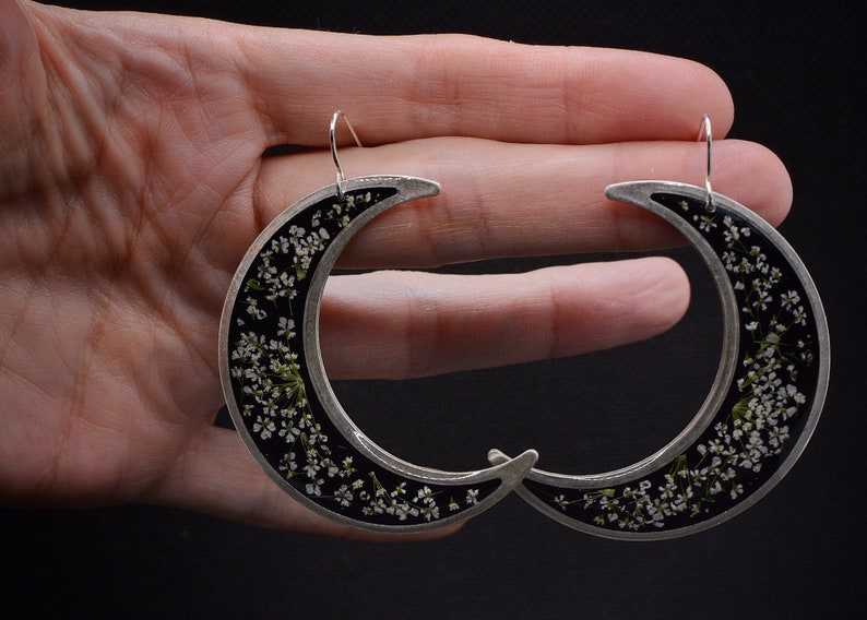 Crescent moon earringssilver moon earringsqueen annes lacemoon phase earringscelestial jewelrygothic jewelrypressed flower earrings