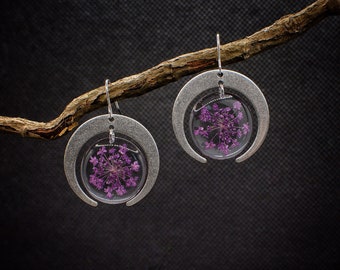 Purple flower earrings/crescent moon earrings/gift for her/purple jewelry/moon phase earrings/pressed flower jewelry/pagan jewelry