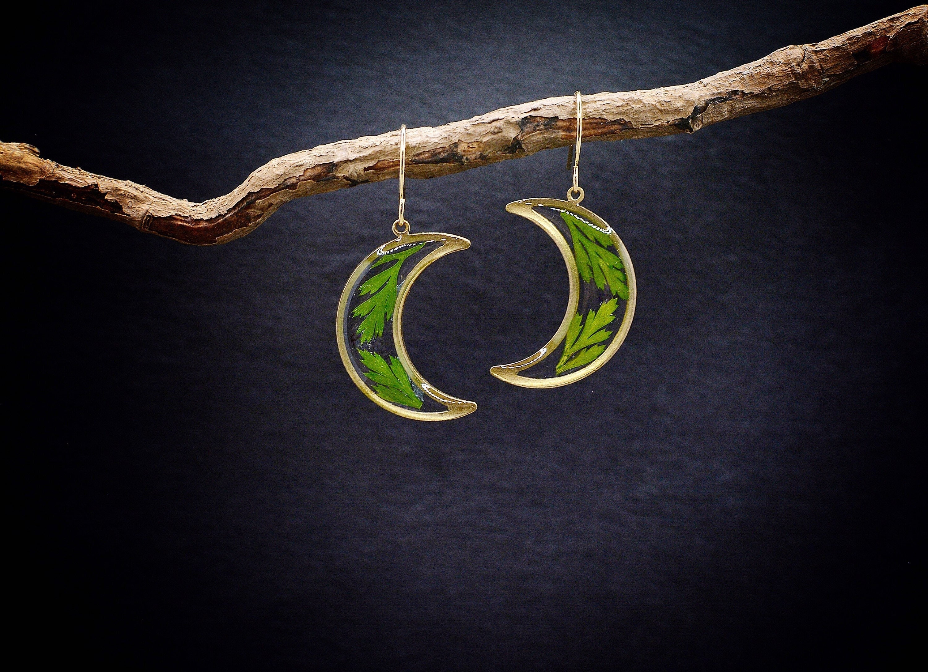 Fern Moon Earrings/Real Earrings/Boho Dangle Earrings/Celestial Jewelry