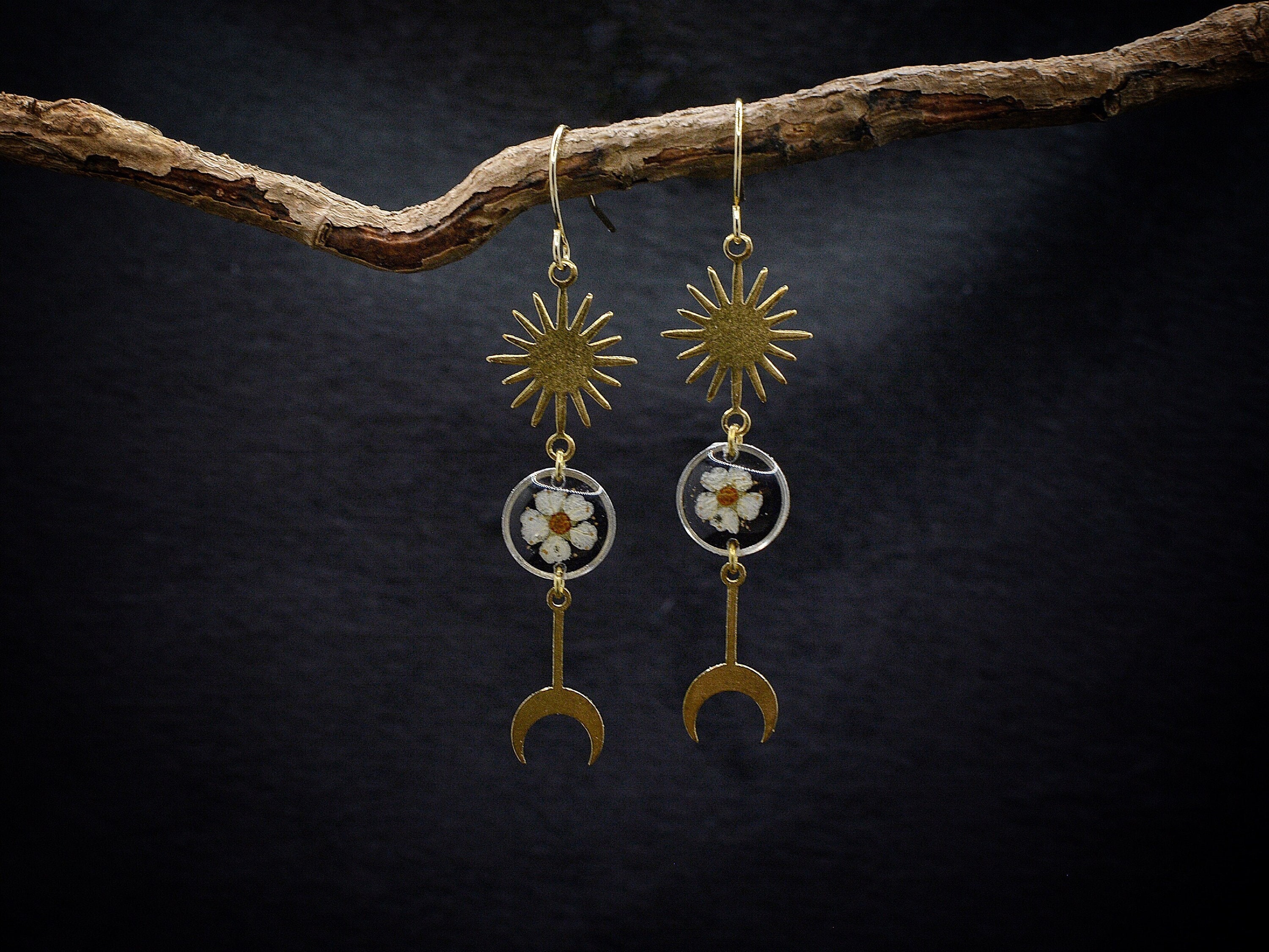 Moon & Star Flower Earrings/Pressed Jewelry/Celestial Jewelry/Mothers Day Gift