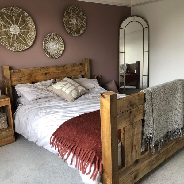 Handmade | Chunky | Rustic Bed | Farmhouse Style - High Footboard, SOLID RECALIMED timber | Single, Double, KingSize, Superking