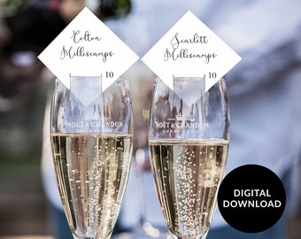 Tarjeta de mesa con champán, tarjeta de acompañamiento con copa de champán, tarjeta de lugar con champán, etiqueta para cake pop, tarjeta de lugar con diamantes imprimible, tarjeta de lugar para boda