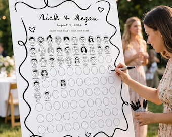 Libro de firmas alternativo para bodas: dibuja tu cara, cartel para libro de firmas con dibujos, actividad para invitados de boda, recuerdo divertido de boda.