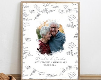Libro de firmas alternativo para aniversario de bodas: póster con espacio en blanco para que los invitados firmen sus mensajes. Regalo de aniversario para la pareja.