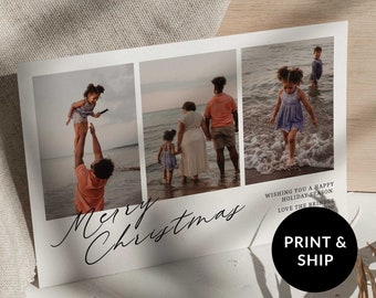 Merry Christmas Modern Calligraphy Card with Family Photos, 2021 Digital Holiday Card Template, Printed Christmas Seasons Greeting Card