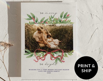 Be Merry Be Bright Custom Christmas Cards, Greenery Family Christmas Cards 2023, Unique Holiday Photo Template, Merry Christmas Cards Pack