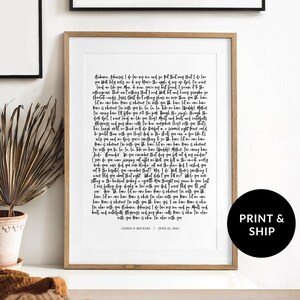 Custom Song Lyrics Print or Wedding Vows for one year anniversary gift for family, husband wife wedding vows print, Custom made quote