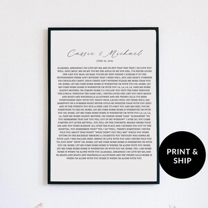 Impression personnalisée de paroles de chanson ou de vœux de mariage pour un cadeau d'anniversaire d'un an pour mari ou femme, cadeau spécial, citation sur mesure