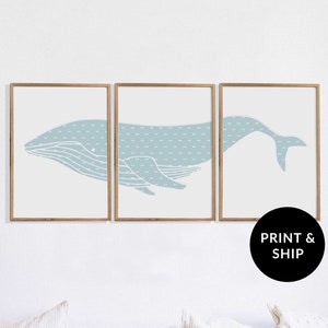 Teal Humpback Whale Print for Baby Boy Nursery, Bow Tie Pattern Modern Nautical Home Decor, Coastal Wall Art, Triptych, Set of 3 Posters