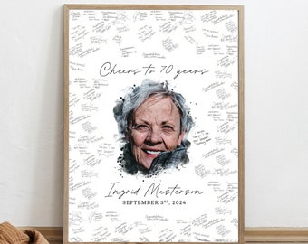 Puede incluir: Una impresión rectangular enmarcada con un retrato central estilo acuarela de una persona mayor con cabello gris. El texto dice Cheers To 70 years, Ingrid Masterson y SEPTEMBER 3RD, 2024, rodeado de numerosas firmas y mensajes escritos a mano.