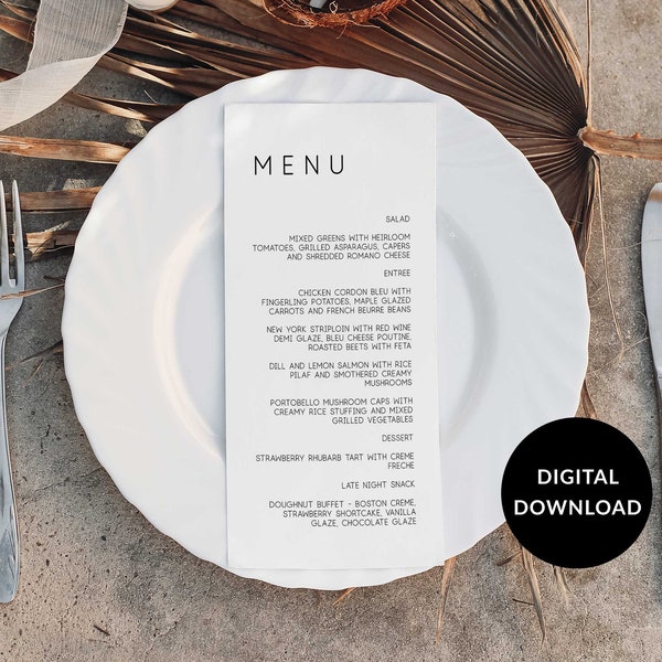 Modern Wedding Menu, Minimal Wedding Menu Template, Industrial Chic Menu, Printable Wedding Menu, Editable Boho Wedding Menu