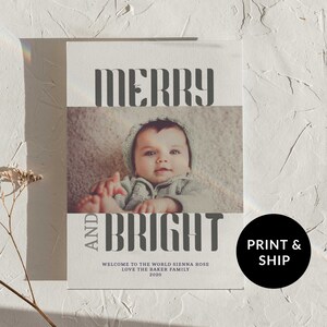 Carte photo de Noël personnalisée joyeuse et lumineuse, jeu de cartes de vœux imprimées famille moderne, nouvelle carte de vœux pour bébé 2025, carte numérique personnalisée