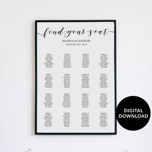 Seating Chart Template, Modern Calligraphy, Editable & Printable, Instant Download, Minimalist Wedding Seating Chart Poster, Find your Seat image 2