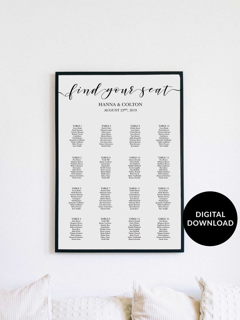 Seating Chart Template, Modern Calligraphy, Editable & Printable, Instant Download, Minimalist Wedding Seating Chart Poster, Find your Seat image 2