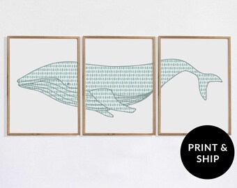 Humpback Whale Print for New baby Nursery, Teal Blue Watercolor Modern Nautical Home Decor, Coastal Wall Art, Bathroom Triptych, Set of 3