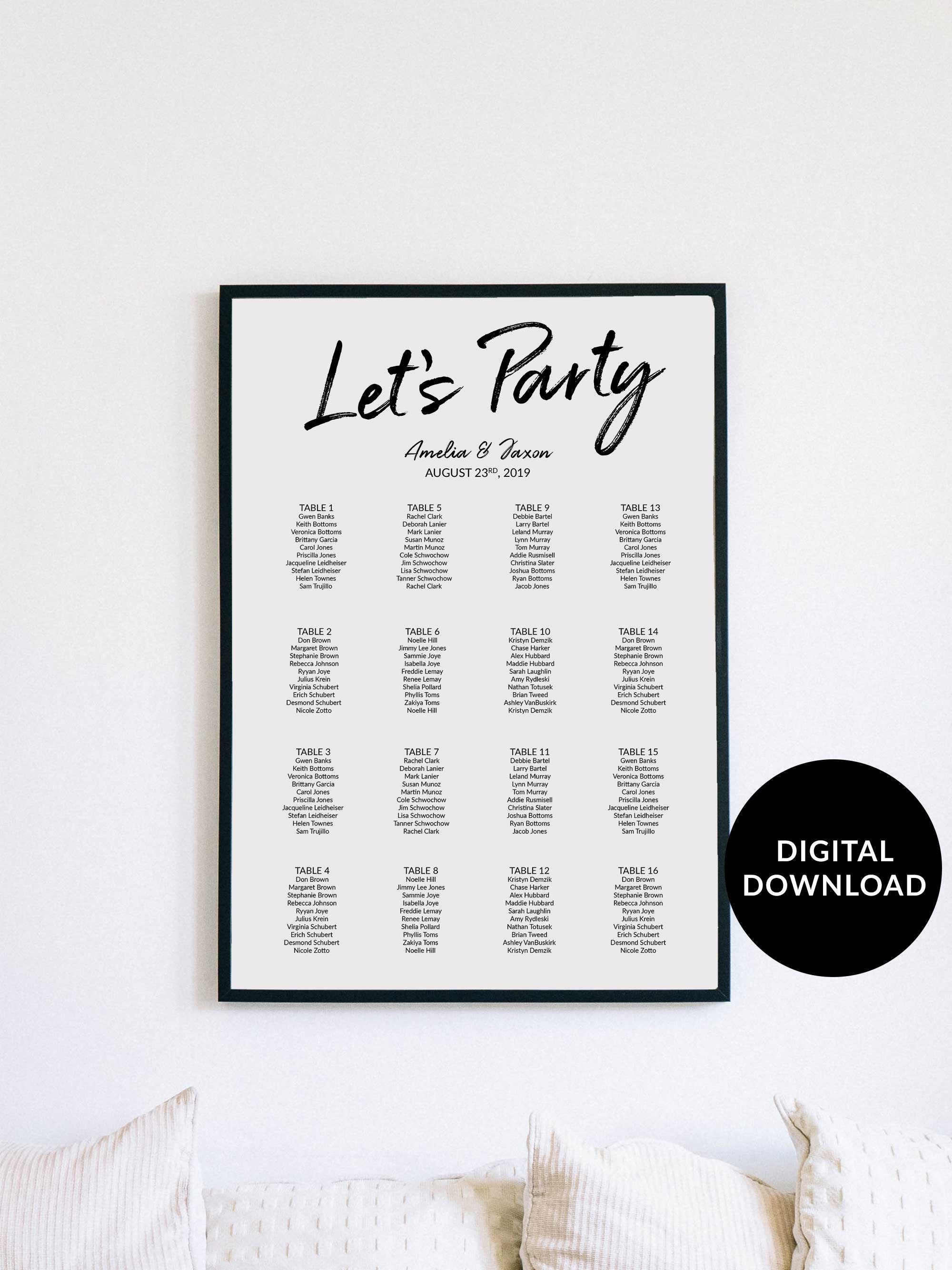Fun Wedding Seating Chart With Lets Party on It Script Text