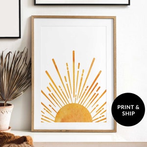 Orange Yellow Watercolor Half Sun Art Print, Mid-Century Modern Sunrise Boho Wall Art, Modern Abstract Sun Ray Circle Poster, Bohemian, Gold