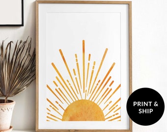 Orange Yellow Watercolor Half Sun Art Print, Mid-Century Modern Sunrise Boho Wall Art, Modern Abstract Sun Ray Circle Poster, Bohemian, Gold