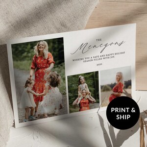 Cartes de Noël personnalisées avec photo de famille, jeu de cartes de vœux nom de famille moderne minimaliste, imprimée ou numérique moderne, modèle de carte personnalisé