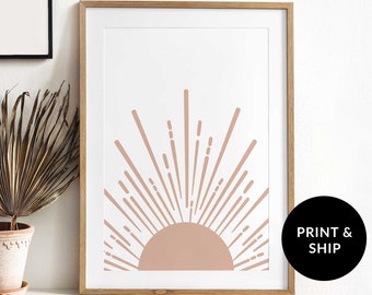 Dusty Pink Half Sun Wall Art Poster, Dusty Rose Boho Wall Print, Mauve Mid-Century Modern Sunrise Poster, Cute Half Sun Print Girl, Blush