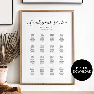 Seating Chart Template, Modern Calligraphy, Editable & Printable, Instant Download, Minimalist Wedding Seating Chart Poster, Find your Seat image 1