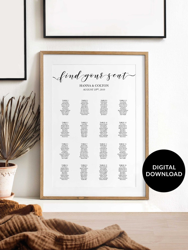 Seating Chart Template, Modern Calligraphy, Editable & Printable, Instant Download, Minimalist Wedding Seating Chart Poster, Find your Seat image 1