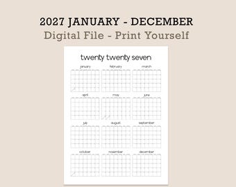 Calendario de pared imprimible 2027, Calendario anual de un vistazo, Planificador de pared grande en PDF, Descarga instantánea