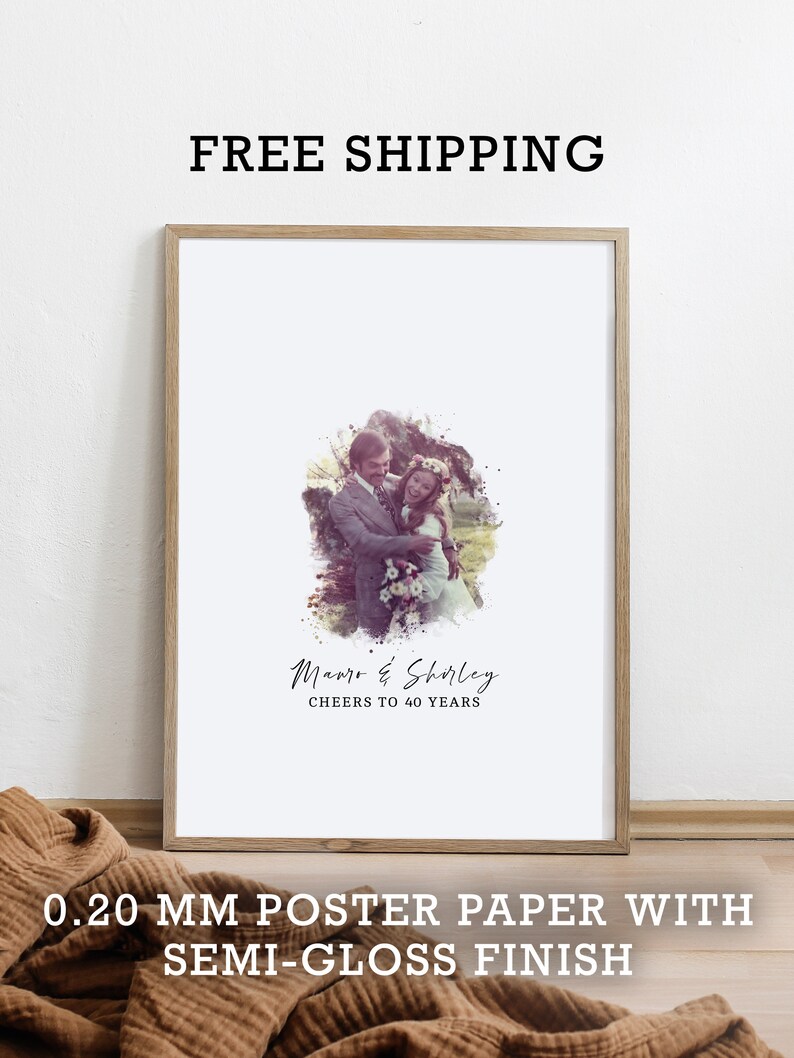 May include: A framed print with a watercolor-style image of a couple, Mauro & Shirley, celebrating their 40th anniversary. The text "CHEERS TO 40 YEARS" is printed below the image. The print is on 0.20 mm poster paper with a semi-gloss finish.