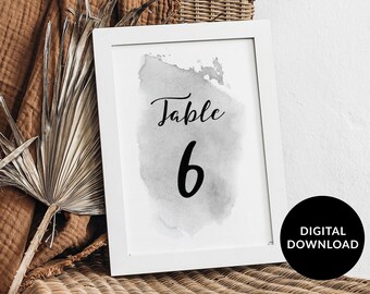 Gray Watercolor Table Number Template in a Digital Download PDF, Grey Theme Wedding Table Number Cards Printable, Elegant and Classic