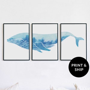 Humpback Whale Print for Baby Boy Nursery, Blue Watercolor Modern Nautical Home Decor, Coastal Wall Art, Beach Triptych, Set of 3 Posters