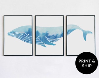 Humpback Whale Print for Baby Boy Nursery, Blue Watercolor Modern Nautical Home Decor, Coastal Wall Art, Beach Triptych, Set of 3 Posters