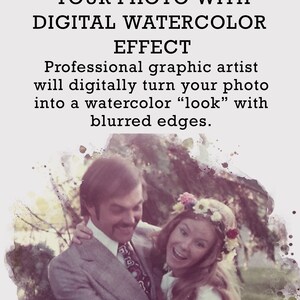 May include: A digital watercolor effect service for photos. A couple is pictured in a vintage photo, with the man holding the woman. The woman is wearing a flower crown.