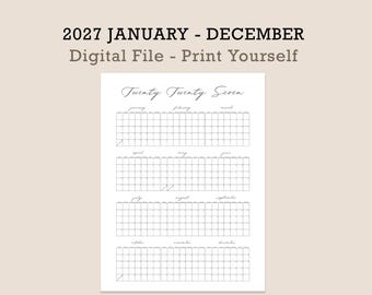 May include: A 2027 calendar digital file with the text 2027 JANUARY - DECEMBER, Digital File - Print Yourself, and Twenty Twenty Seven. The layout features a grid for each month from January through December, organized in four rows of three.