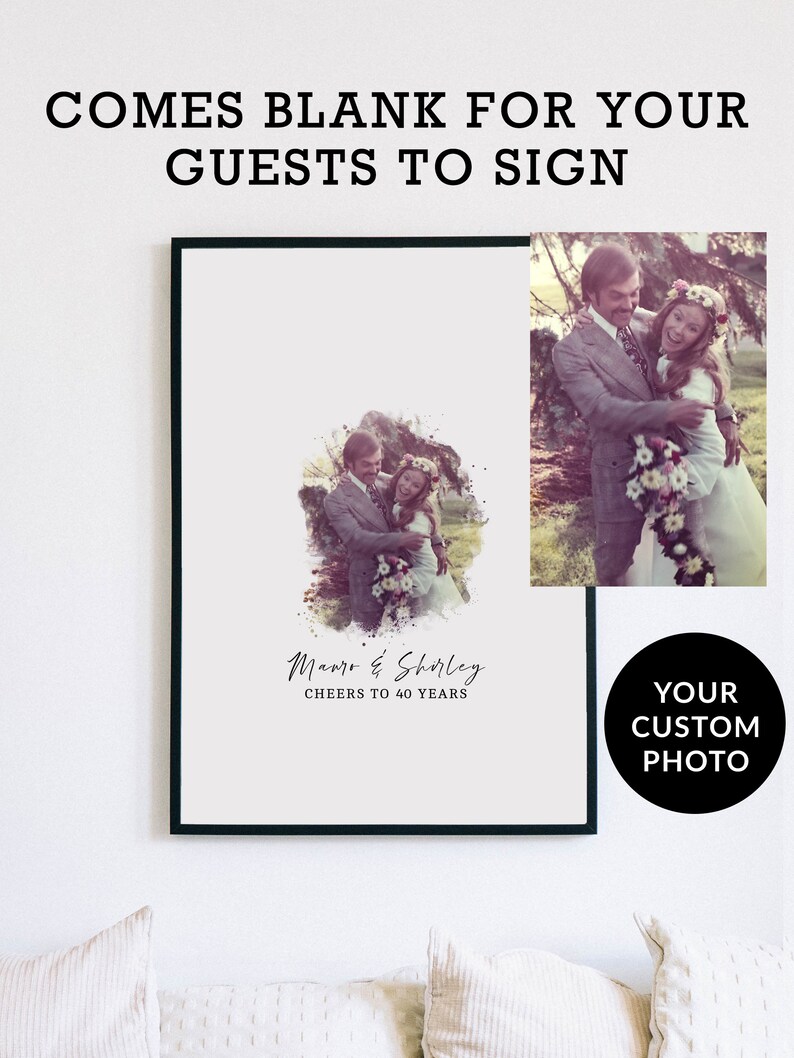 May include: A white framed print with a black and white photo of a couple in a watercolor effect. The text "Mauro & Shirley CHEERS TO 40 YEARS" is below the photo. The print is on a white wall above a couch with white pillows.
