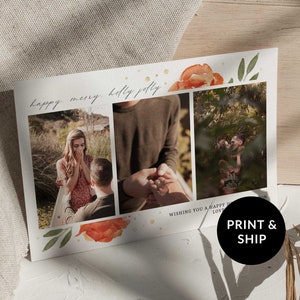 Modèle de carte photo floral de Noël, cartes de joyeux Noël de famille heureuse, carte de fiançailles numérique personnalisée imprimable, carte de fiançailles de vacances