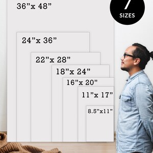 May include: Seven different sizes of a white canvas print are shown with measurements in inches. The largest print is 36 inches by 48 inches. The smallest print is 8.5 inches by 11 inches. A person is standing next to the prints to show the scale.