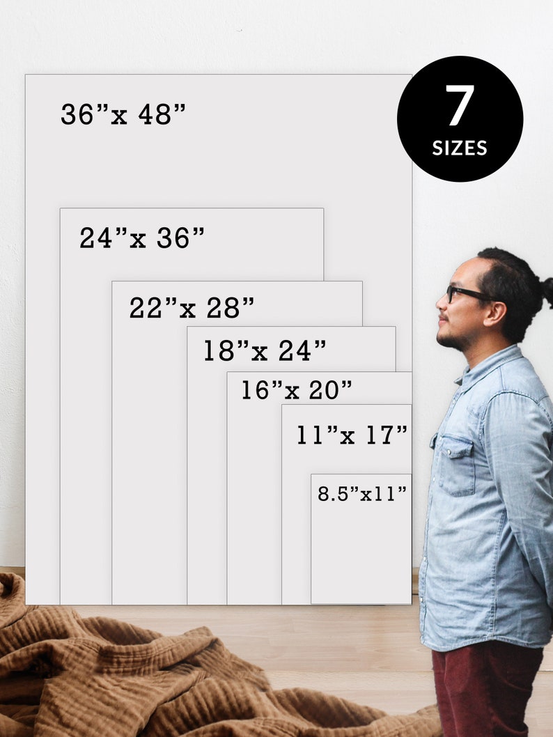 May include: Seven different sizes of a white canvas print are shown with measurements in inches. The largest print is 36 inches by 48 inches. The smallest print is 8.5 inches by 11 inches. A person is standing next to the prints to show the scale.