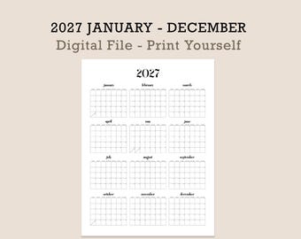 May include: A 2027 yearly calendar digital file featuring a white background with black text and grid lines. The document displays the year 2027 at the top, followed by twelve monthly grids labeled January through December in a clean, simple font.