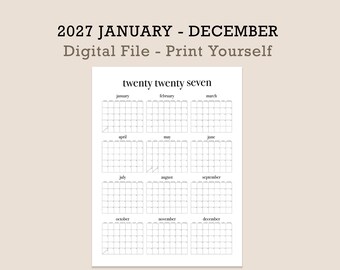 Calendario de pared imprimible 2027, Calendario anual de un vistazo, Planificador de pared grande en PDF, Descarga instantánea