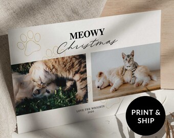 Modern Cat Christmas photo card, unique printed pet holiday cards set, custom Animal Christmas card, personalized photo christmas cards 2023