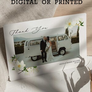 Carte de remerciement de mariage fleur de magnolia avec photo, calligraphie Merci pour cartes-cadeaux avec enveloppes, téléchargement numérique, thème floral blanc