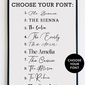 May include: A white framed poster with black text that reads "CHOOSE YOUR FONT:" followed by a list of 10 font names with numbers 1 through 10. The font names are "The Bianca", "THE SIENNA", "The Ceclia", "The Everly", "The Aria", "The Amelia", "The Cassie", "The Alison", "The Rebecca", and "The Scarlett". A black circle with white text that reads "CHOOSE YOUR FONT" is in the bottom right corner of the poster.