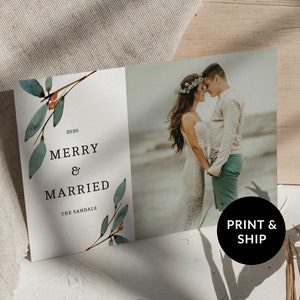 Carte de Noël pour Couple de jeunes mariés joyeux et mariés pour 2025, faire-part de vacances photo de mariage imprimé, modèle de carte de mariage numérique